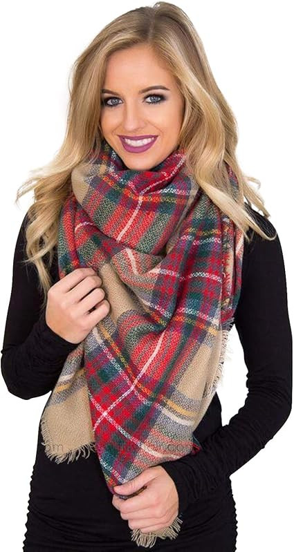Blanket Scarf for Women Large Square Soft Warm Tartan Shawl Wrap (#1(camel+green+red Mix)) | Amazon (CA)