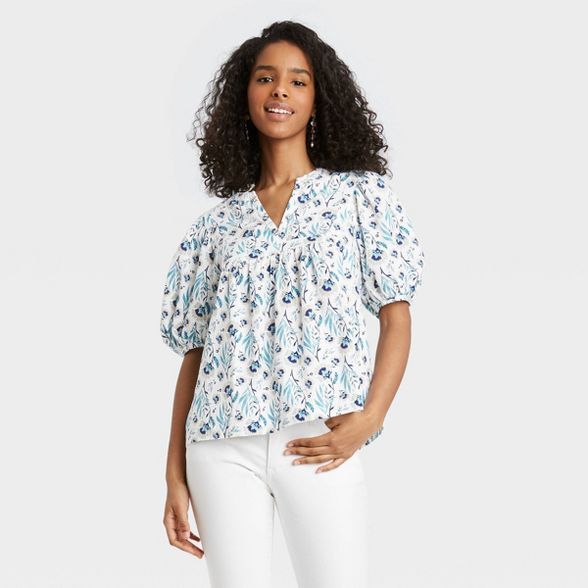 Women's Floral Print Puff Elbow Sleeve Blouse - Universal Thread™ | Target
