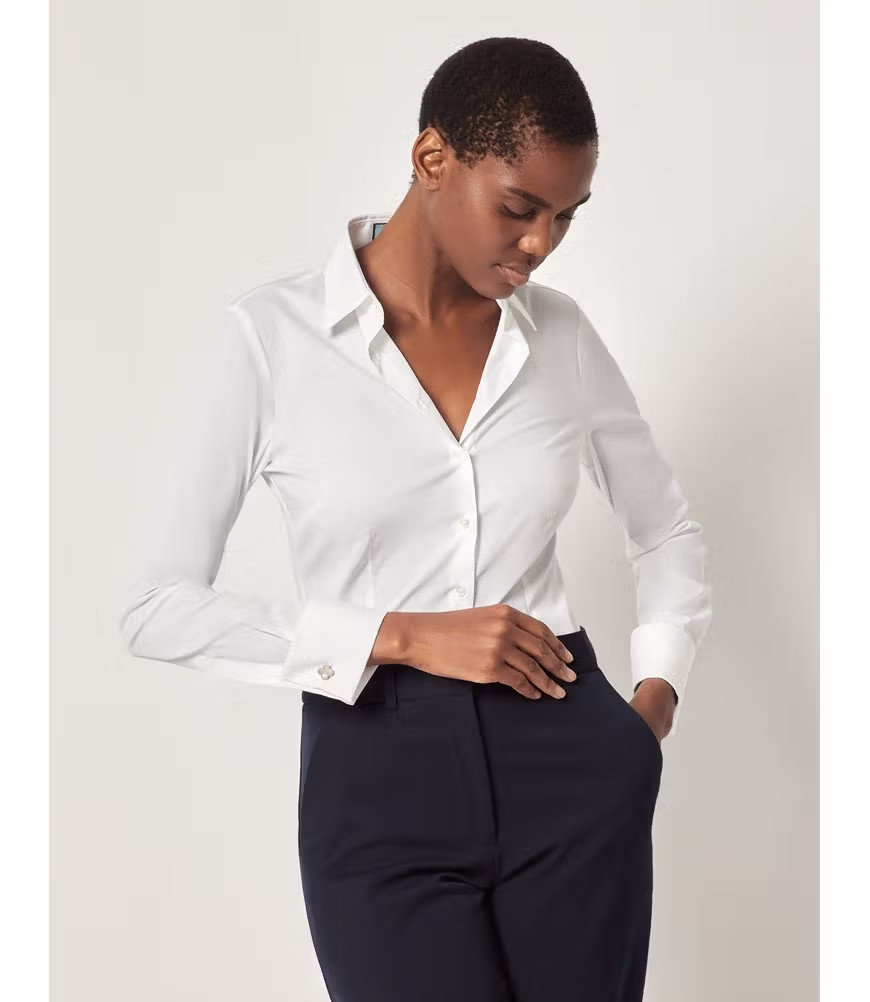 Women's White Fitted Cotton Stretch Shirt - French Cuffs | Hawes & Curtis | Hawes & Curtis - US