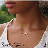 Sideways Cross Necklace - Horizontal With Cubic Zirconia Stones Rose Gold Over Sterling Silver | Etsy (US)