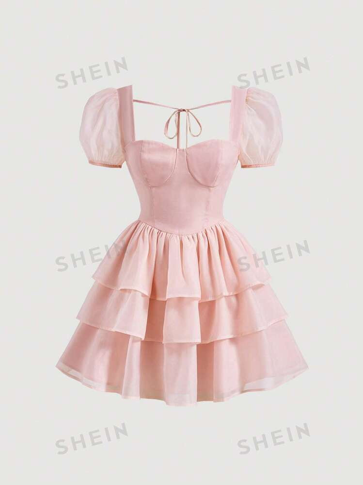 SHEIN MOD Solid Puff Sleeve Layered Ruffle Hem Dress | SHEIN | SHEIN