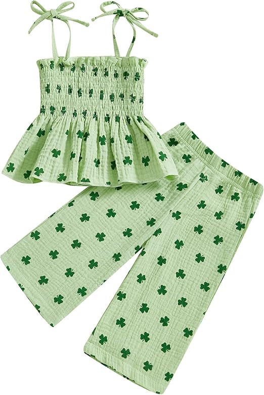 VISGOGO St Patrick's Day Baby Girl Outfit Lucky Clover Set Sleeveless Smocked Strap Camisole Pant... | Amazon (US)