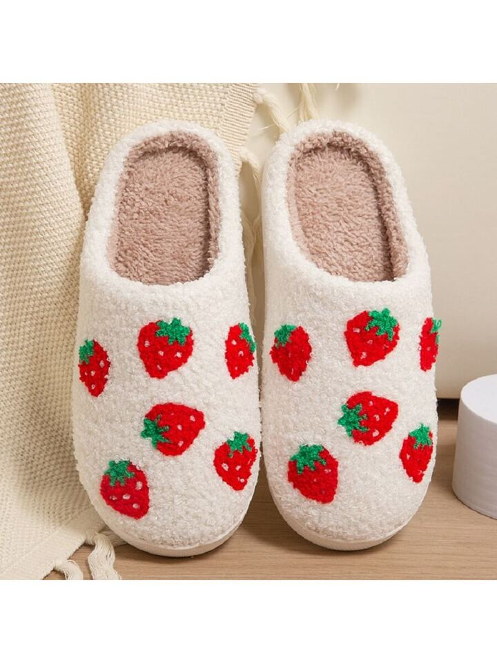 Women's Casual Round Toe Faux Suede Home Slippers With Embroidered Strawberry, Fashionable Autumn/Winter Slippers | SHEIN