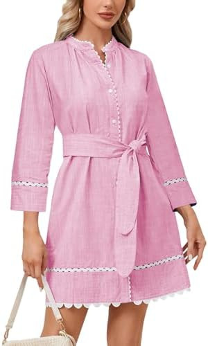 Women's Button Down Shirt Dress Fall 3/4 Sleeve Belted Tunic Casual Cotton Linen RIC Rac Trim Min... | Amazon (US)