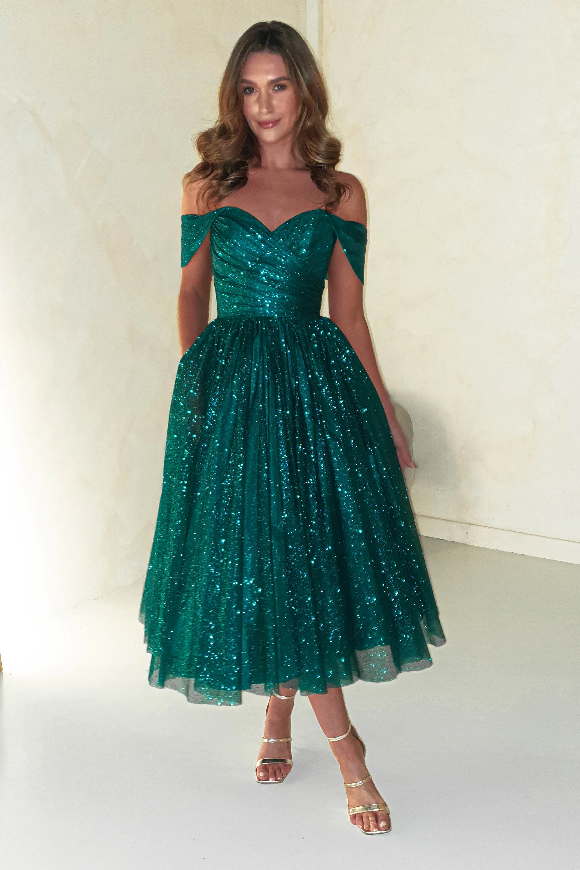 Marco Glitter Off The Shoulder Skater Dress | Green | Oh Hello Clothing
