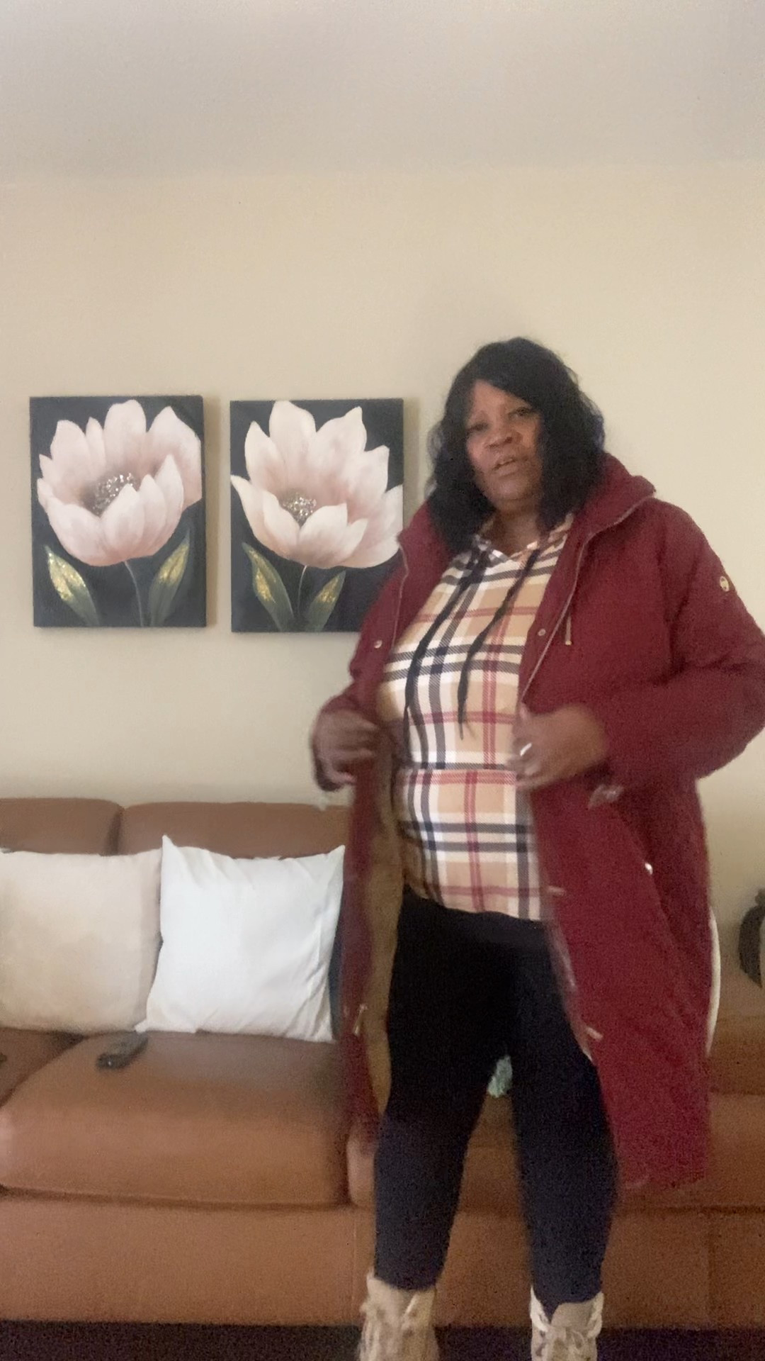 Wine Michael Kors coat with plaid hoodie, black pants, and beige or tan Blondo boots.

#LTKootd #LTKPlusSize #LTKOver40