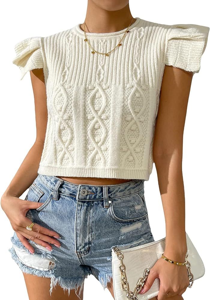 Verdusa Women's Flutter Sleeve Round Neck Textured Knit Top Crop Sweater | Amazon (US)