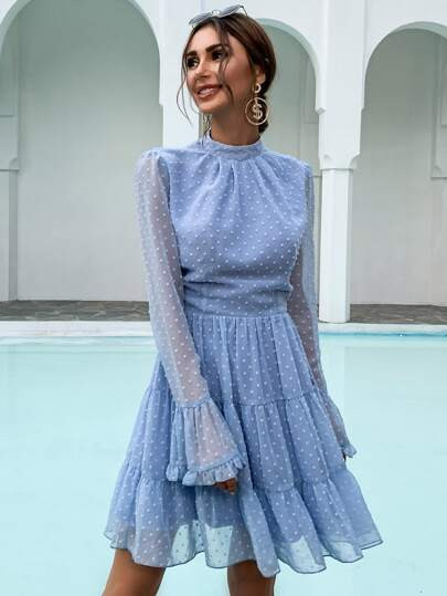 Missord Mock Neck Ruffle Hem Swiss Dot Chiffon Dress | SHEIN