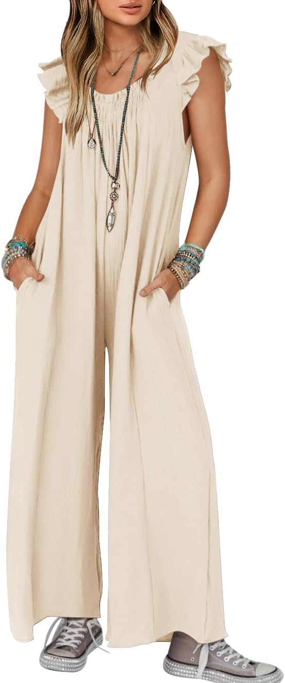 ZESICA Women's 2024 Summer Loose Jumpsuit Casual V Neck Sleeveless Oversized Wide Leg Pant Overal... | Amazon (US)