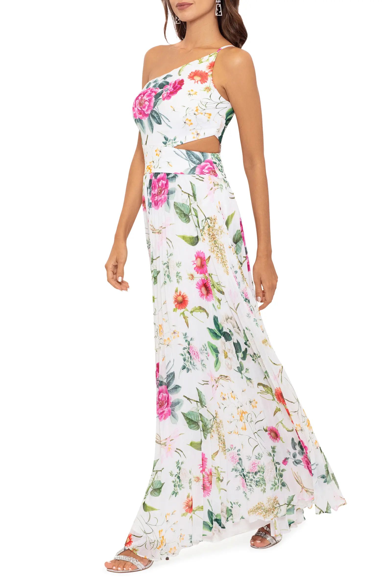 Pleated One-Shoulder Floral Print Cutout Maxi Dress | Nordstrom