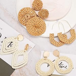 4 Pairs Rattan Earrings Tassel Bohemian Earrings Handmade Straw Wicker Braid Hoop Drop Dangle Ear... | Amazon (US)