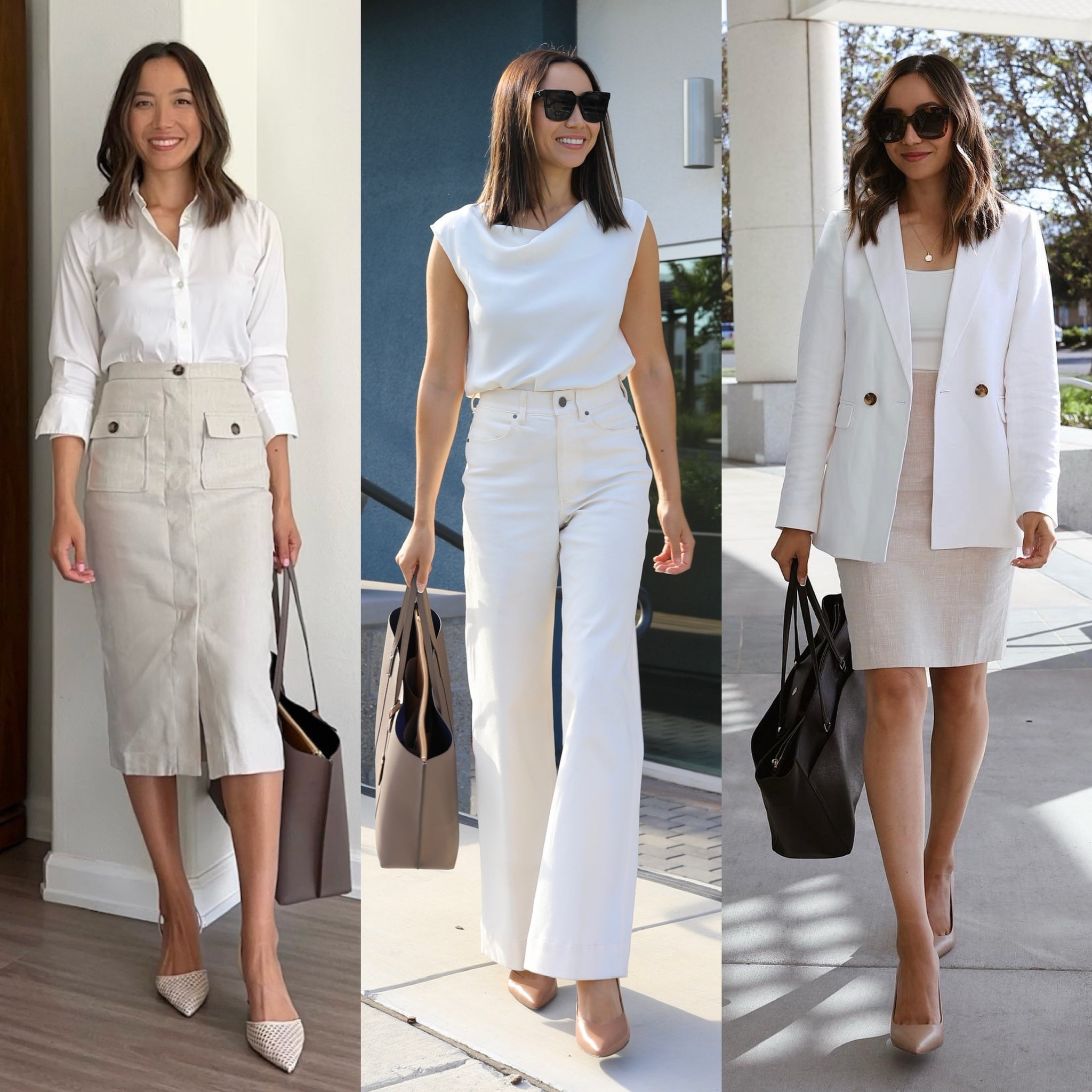 Styling white for workwear outfits // linked to similar skirts for outfit on the right 

• Ann Taylor button up and skirt are on sale for 40% off 

#LTKstyletip #LTKsalealert #LTKworkwear