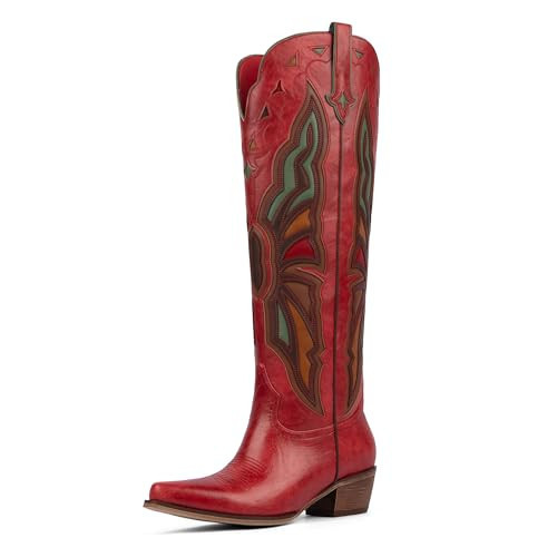 Modatope Red Boots for Women Butterfly Chunky Heel Pointed Toe Cowboy Boots Wide Calf Knee High Block Heel Side Zipper Fashion Retro Western Boot Size 8.5 | Amazon (US)