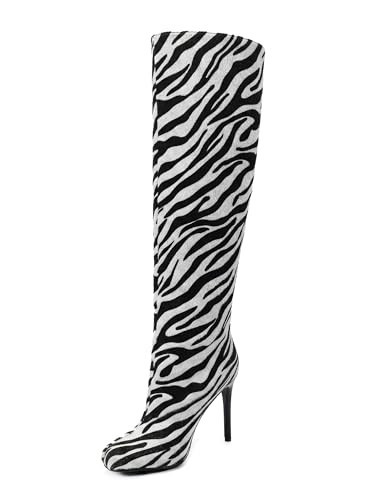 Souactimuy Zebra Print Knee High Boots for Women Square Toe Stiletto Heels | Amazon (US)