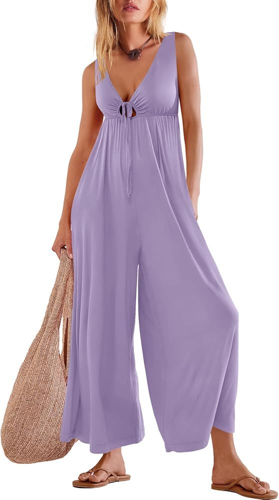 LAMISSCHE Womens Summer Jumpsuits Oversized Wide Leg Rompers One Piece Sleeveless V Neck Cut Out ... | Amazon (US)