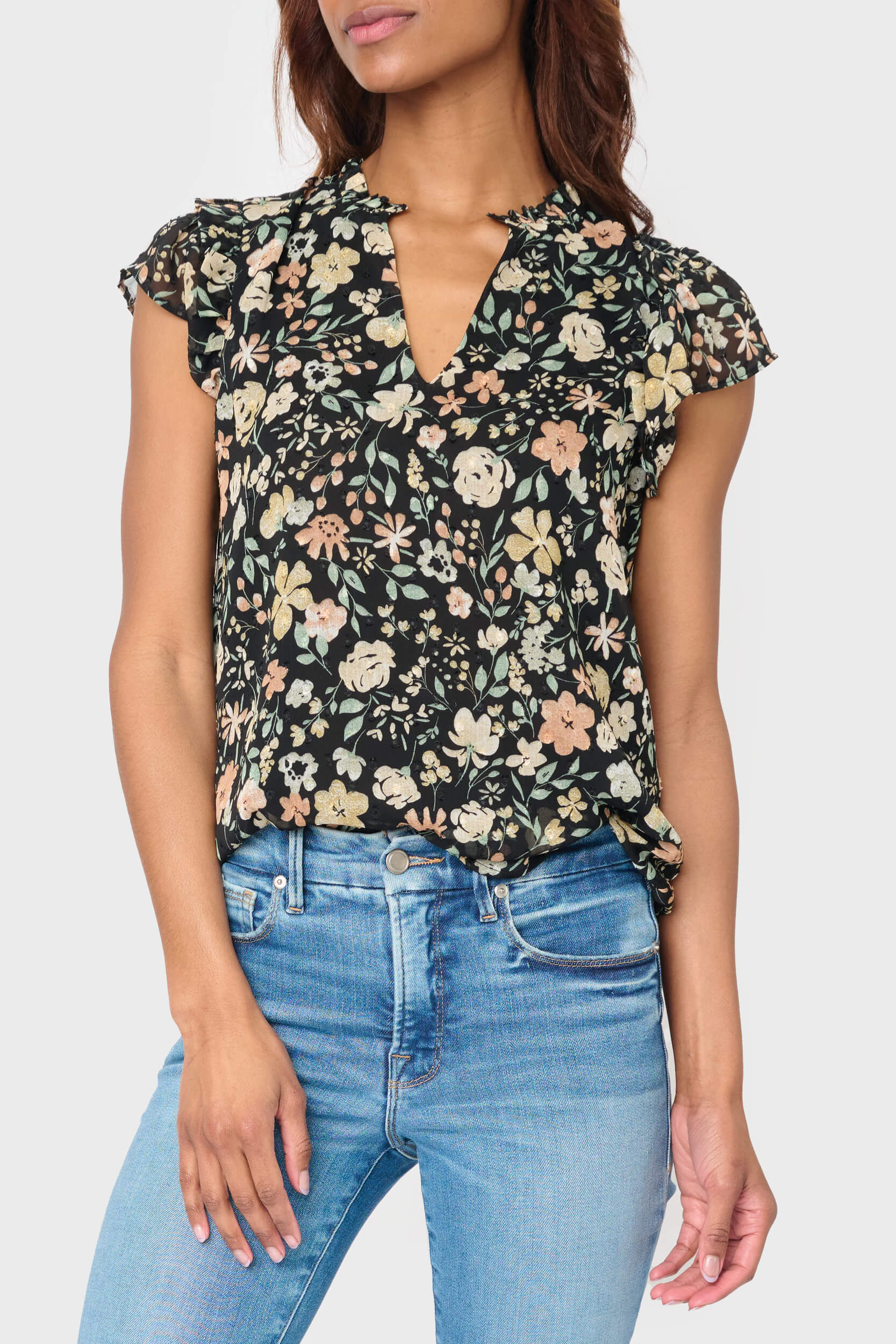 Split Neck Flutter Sleeve Blouse | Gibson