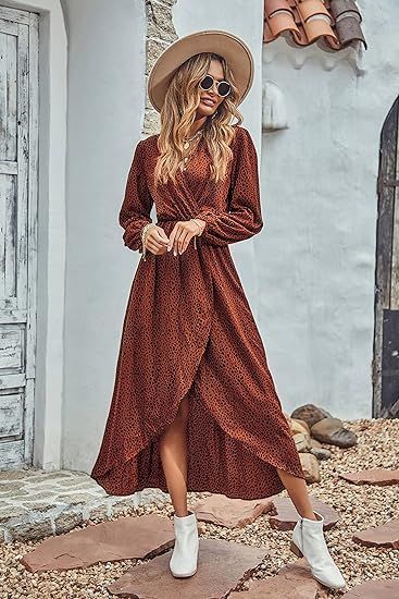 PRETTYGARDEN Women’s Long Sleeve Bohemian Dress V-Neck Floral Print High Split Tie Wrap Midi Fl... | Amazon (US)