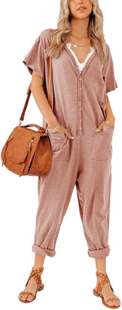 Aoysky Oversize Women's Onesies Button Up Jumpsuit Casual Loose Short Sleeve V Neck Onesies Rompe... | Amazon (US)