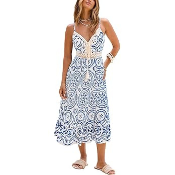 CUPSHE Womens Boho Midi Dresses Summer Spaghetti Strap Crochet Lace V Neck Drawstring Waist Beach... | Amazon (US)