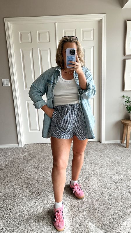 Mom OOTD | denim oversized  boyfriend shirt $32 🩵 I’m wearing my true size large and it has a perfect relaxed and loose fit. 

#LTKfindsunder50 #LTKsalealert #LTKmidsize