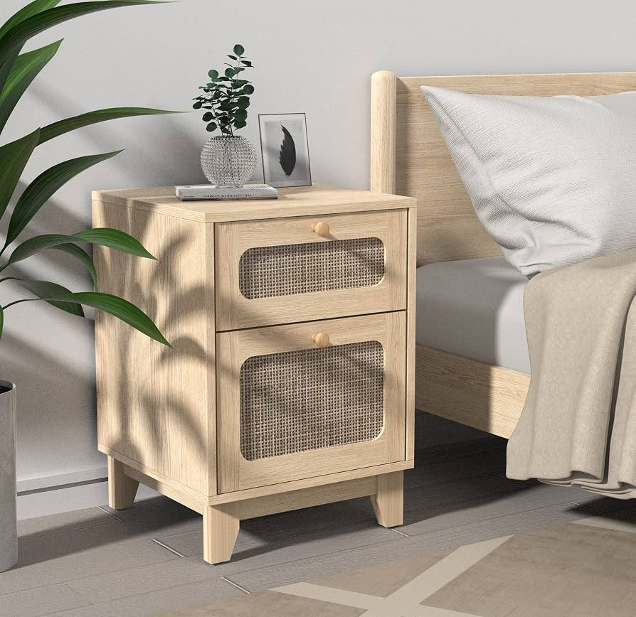 Betterhood Rattan Nightstand, Wooden Bedside Table End Table for Living Room and Bedroom | Amazon (US)