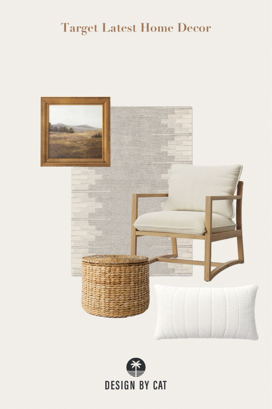 Gray rug 
Patterned rug
Woven storage basket
Cream accent chair 
Affordable gold framed art

#LTKHome #LTKFindsUnder100