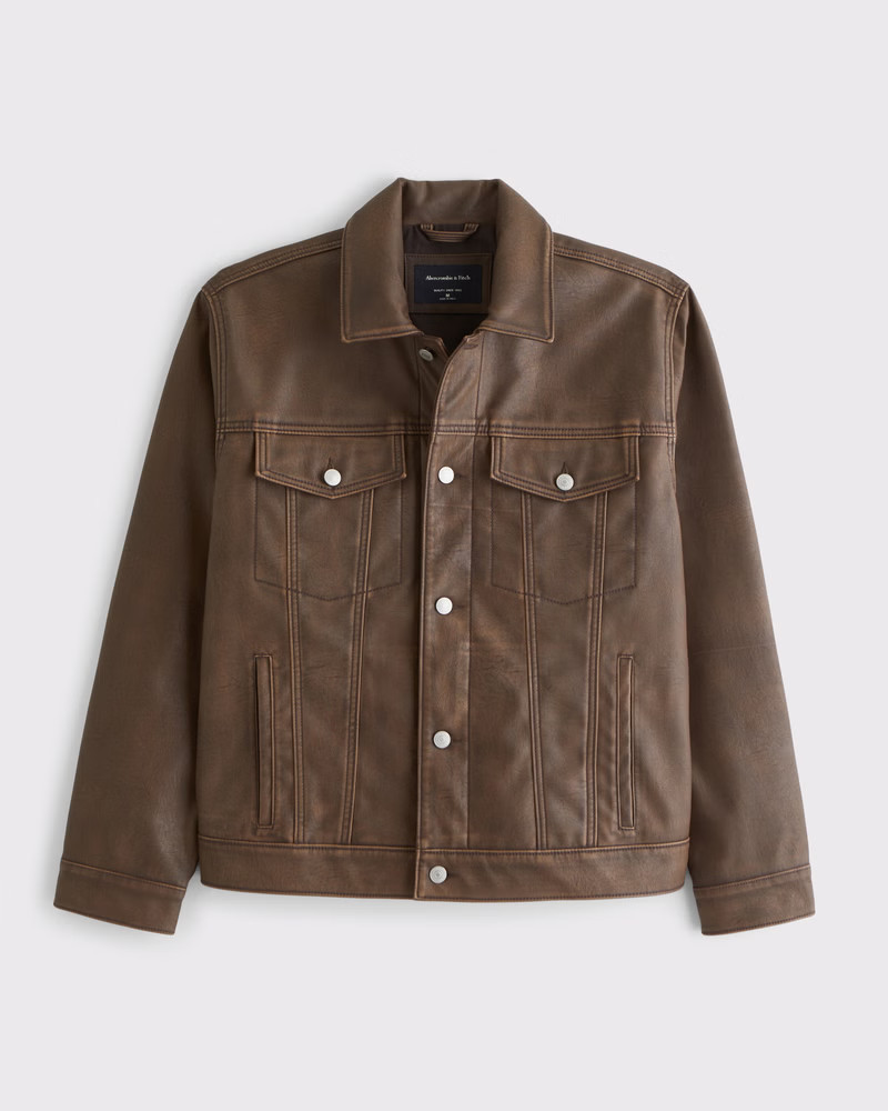 Abercrombie & Fitch Men's Vegan Leather Trucker Jacket in Brown Wash - Size XL | Abercrombie & Fitch (US)