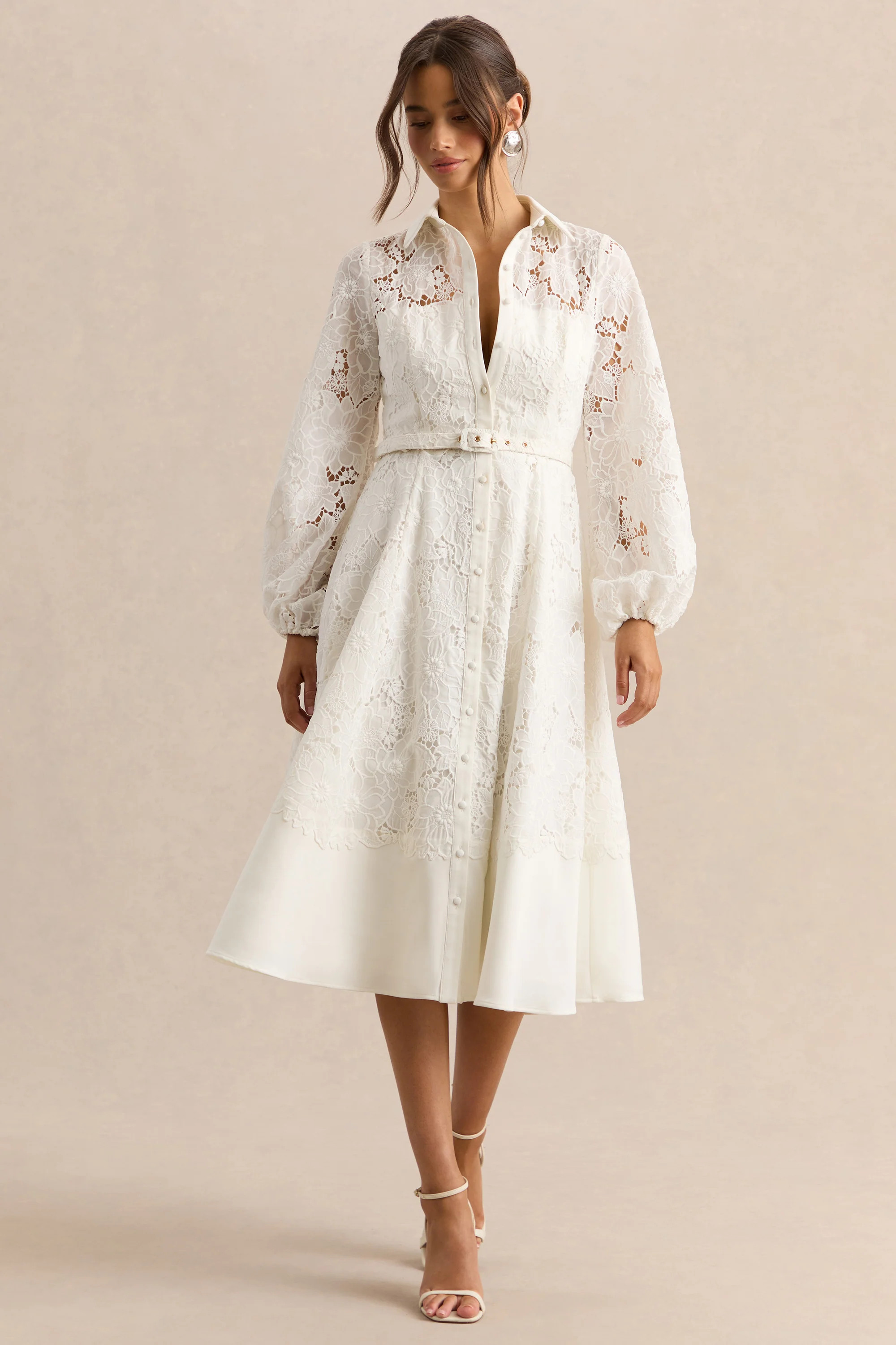 Jules | Cream Broderie High-Neck Tailored Midi Dress With Puff-Sleeves | Club L London