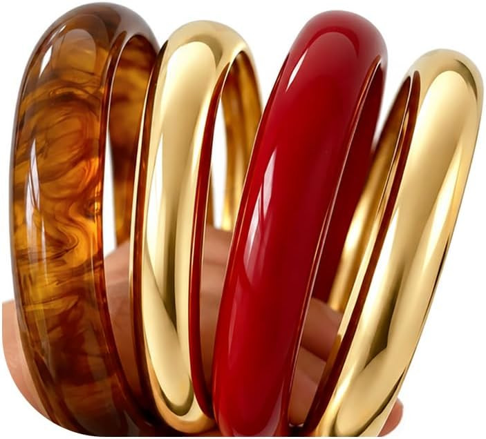 Acrylic Gold Bangle Bracelets for Women, Chunky Red Brown Stackable Bangles Set, Trendy Thick Resin Statement Cuff Bracelet Stack, Fashion Jewelry Gift | Amazon (US)