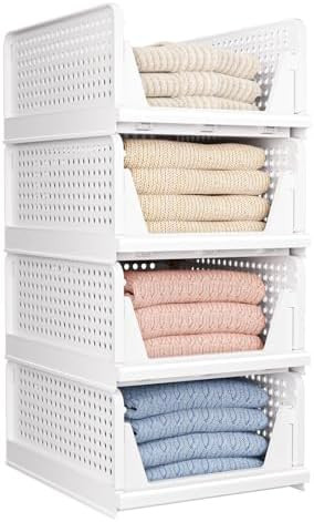 4 Pack Folding Closet Organizers Storage Box, Stackable Storage Bins, Plastic Drawer Basket Close... | Amazon (US)