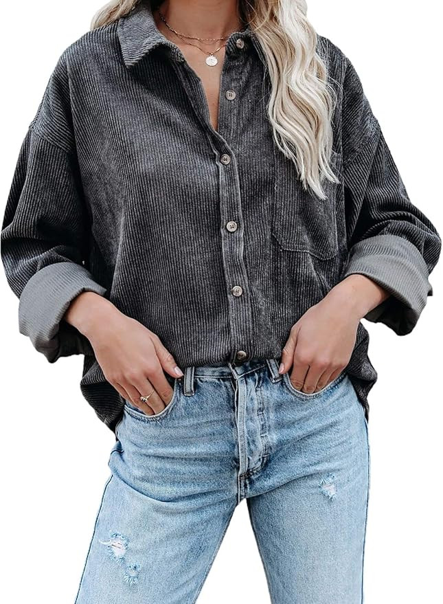 Women Corduroy Button Down Shacket Casual Shirt Jacket Long Sleeve Boyfriend Blouses Tops | Amazon (US)