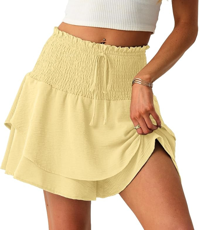 Ruffle Skirt for Women Smocked Waist Cute Short Flowy Skirts | Amazon (US)