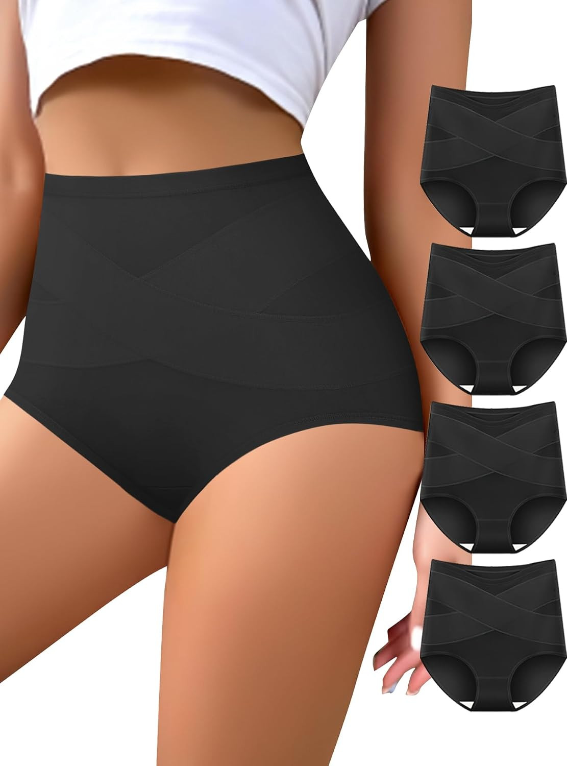 Women's High Waisted Underwear Slightly Tummy Control Cotton Panties Full Coverage Postpartum Briefs 4 Pack | Amazon (US)