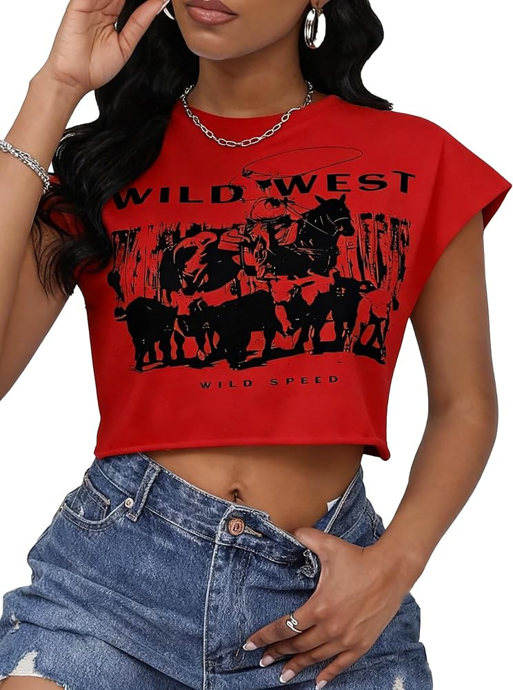Hilinker Women's Graphic Cap Sleeve Crop Tops Cute Summer Loose Fit Crew Neck T Shirts | Amazon (US)