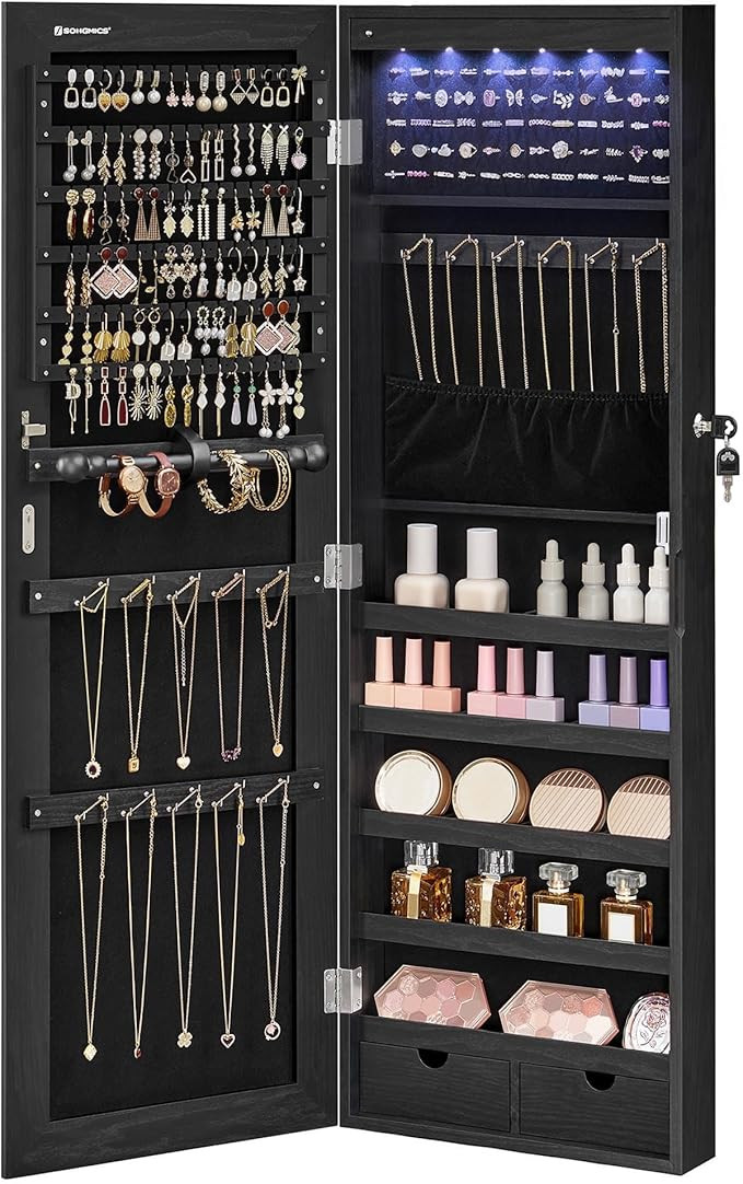SONGMICS Hanging Jewelry Cabinet, Wall-Mounted Cabinet with LED Interior Lights, Door-Mounted Jew... | Amazon (US)