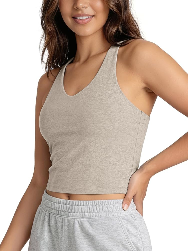ODODOS Women's Performance Racerback V-Neck Crop Tank with Built-in Bra, Ultra Soft odSTRATUM Tec... | Amazon (US)