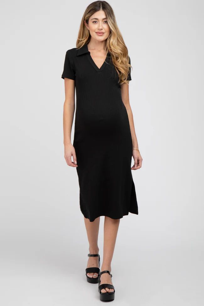 Black Collared Ribbed Maternity Midi Dress | PinkBlush Maternity