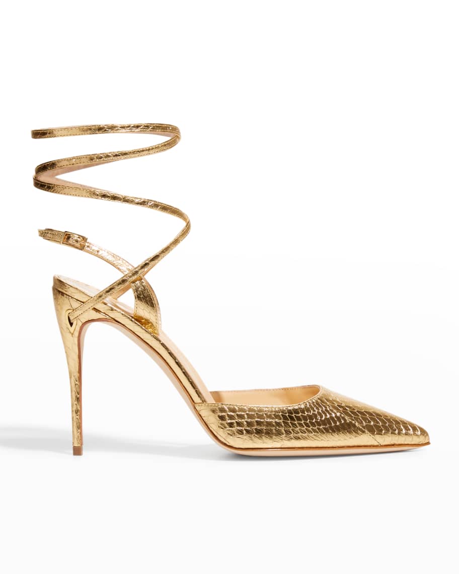 Jennifer Chamandi Vittorio Metallic Snakeskin Ankle-Wrap Pumps | Neiman Marcus