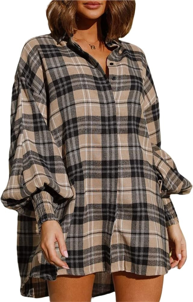 Plaid Flannel Shirts for Women - Oversized Long Sleeve Button Down Shirt Dresses Shacket Blouse T... | Amazon (US)