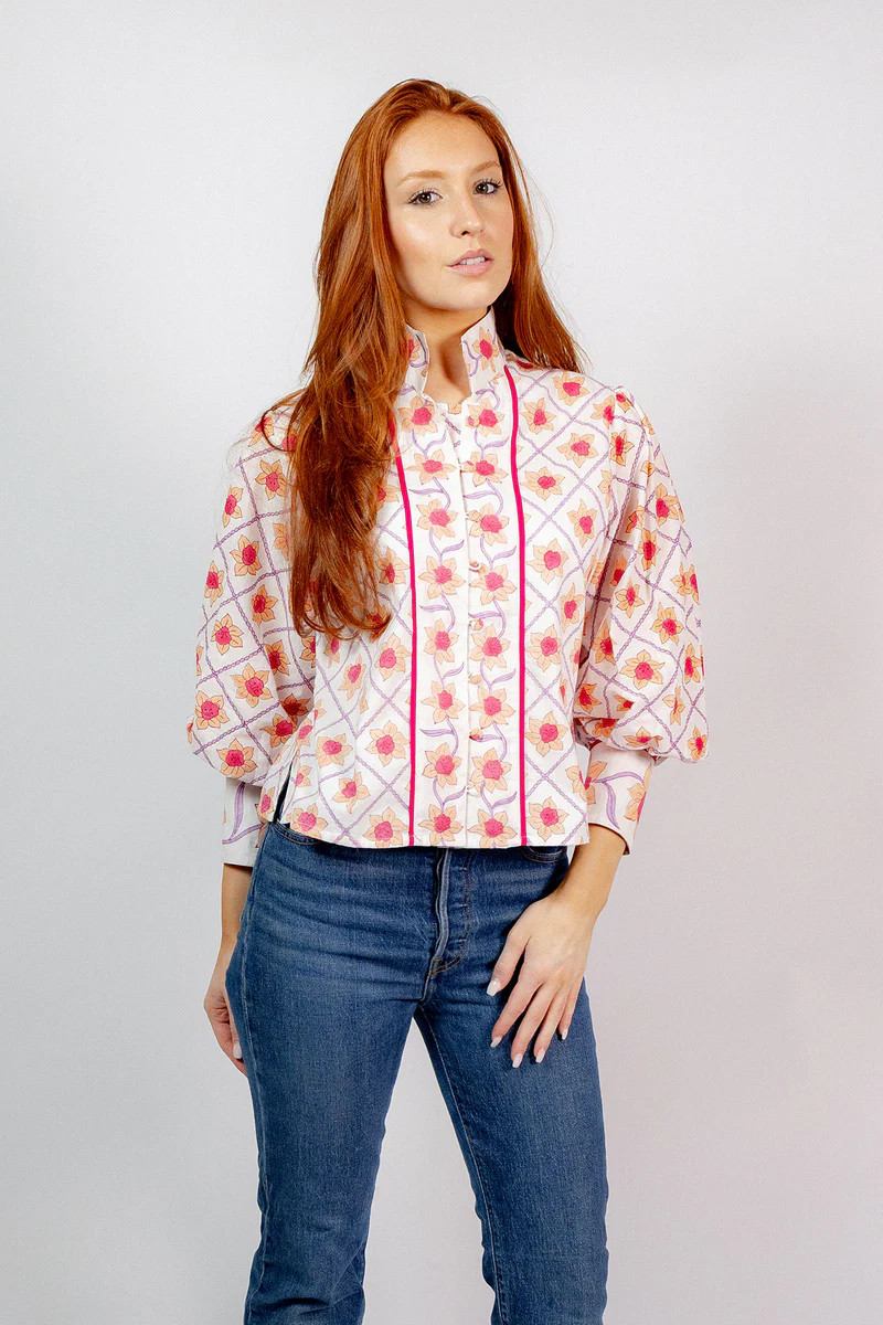 Boxy Balloon Sleeve Top | Fuchsia/Apricot Daffodil | SUE SARTOR