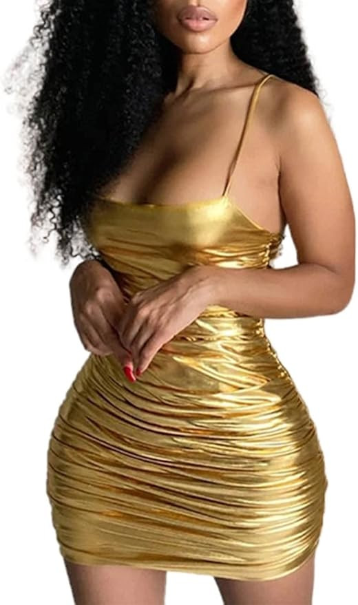 EVILD Metallic Sexy Fitted Bodycon Dress Spaghetti Straps Ruched Glitter Mini Dress Elastic Cockt... | Amazon (US)