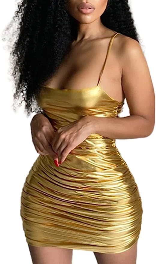 EVILD Metallic Sexy Fitted Bodycon Dress Spaghetti Straps Ruched Glitter Mini Dress Elastic Cockt... | Amazon (US)