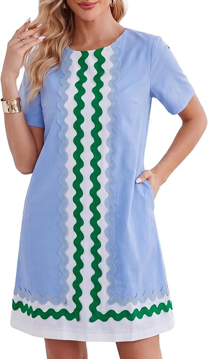 Kedera Women's Summer Shift Dress Short Sleeve RIC Rac Trim Mini Dress Color Block A-Line Tunic S... | Amazon (US)