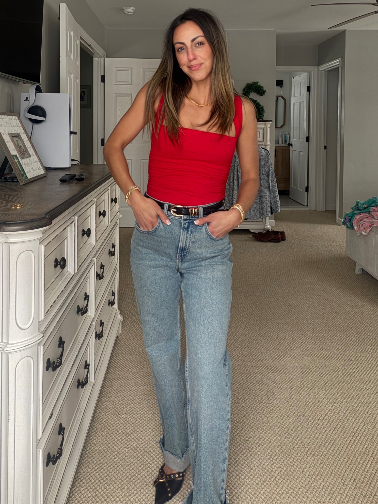 simple outfit yet elevated with the right pairs of shoes, a belt and jewelry! 

Date night outfit | girls night outfit | Valentine’s Day | spring outfit | summer outfit | fall outfit | gold accessories | gold jewelry | casual outfit | chic outfit | Abercrombie jeans 
90s relaxed | Abercrombie outfit | pointy heels |. Comfortable heels 

#LTKBeauty #LTKootd #LTKValentine