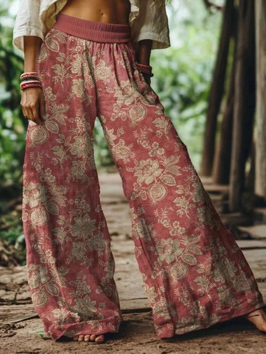 Floral Pants - Wide Leg Elastic Waist Boho Summer Casual Trousers For Holiday | SHEIN