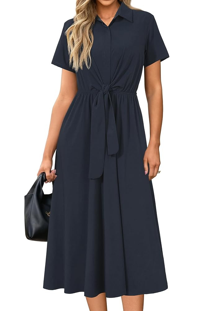 Newshows Womens Wear to Work Long Dresses Tie Waist Shirt Dress Business Casual Outfits Office At... | Amazon (US)