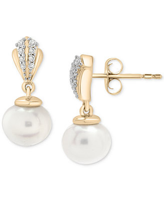 Cultured Freshwater Pearl (6mm) & Diamond (1/20 ct. t.w.) Drop Earrings in 10k Gold | Macy's