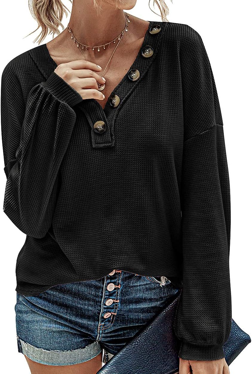 BTFBM Women Waffle Knit Shirts V-Neck Long Sleeve Casual Slouchy Loose Blouses Plain Faux Button ... | Amazon (US)