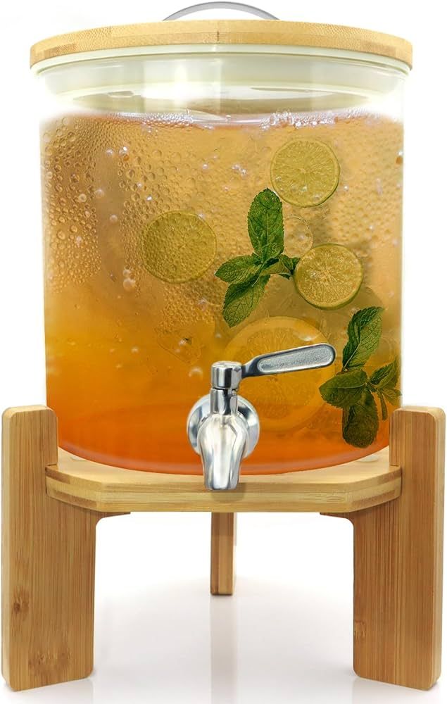 Glass Drink Dispenser with Stand,1.5 Gallons Wood Stand Cold Beverage Dispensers,Glass Beverage D... | Amazon (US)