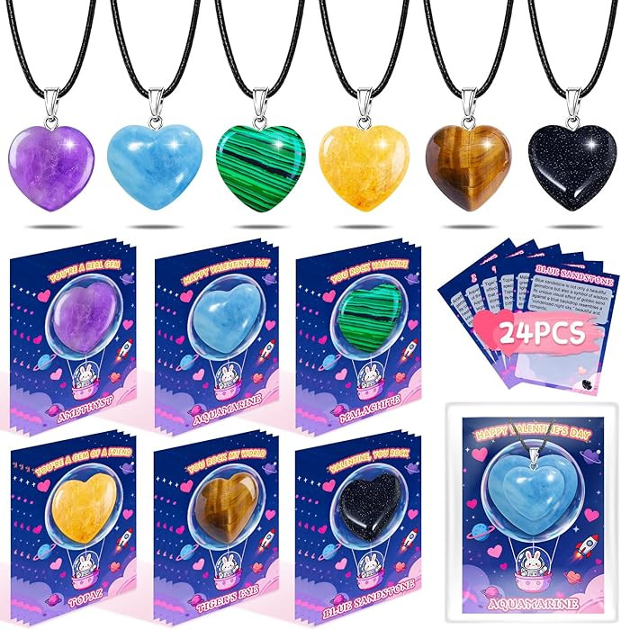 Valentines Day Cards for Kids School with Heart Necklaces, Valentines Exchange Gifts Bulk with 24... | Amazon (US)
